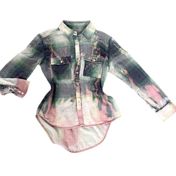 Tops - Ombre Plaid Tie Dye Graphic Button-Down Shirt Trick Shot 8 Ball Billiard Co #1E